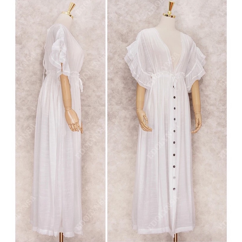 White Boho Deep V Open Back Maxi Cover Up Dress w/ Pockets - Picture 11 of 13